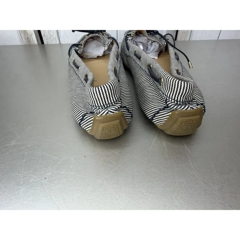 Talbots Boat Shoes Loafer Navy & White Striped Canvas & Leather Trim Sz 8.5